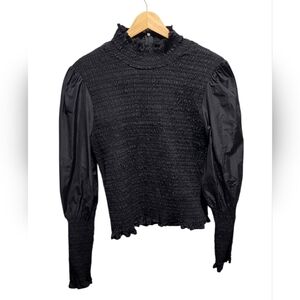 Veronica Beard Elsmere Smocked Puff Sleeve Blouse Black Size 6